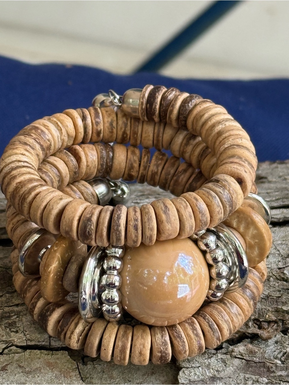 Boho Natural Wood & Bead Stretch Bracelet Stack - Tan